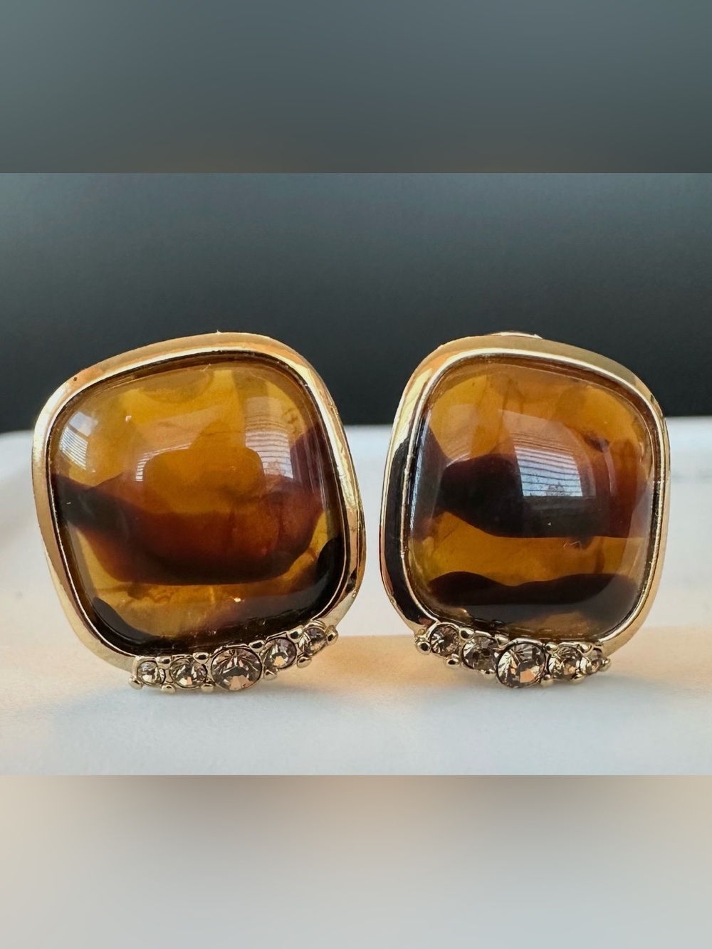 MONET Faux Tortoise Shell Tiger Stripe Lucite Clip On Earrings with Rhinestones